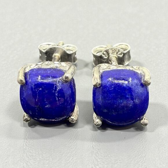 Natural Blue Lapis Cabochon Stud Earrings 925 Sterling Silver Handmade - Picture 2 of 5